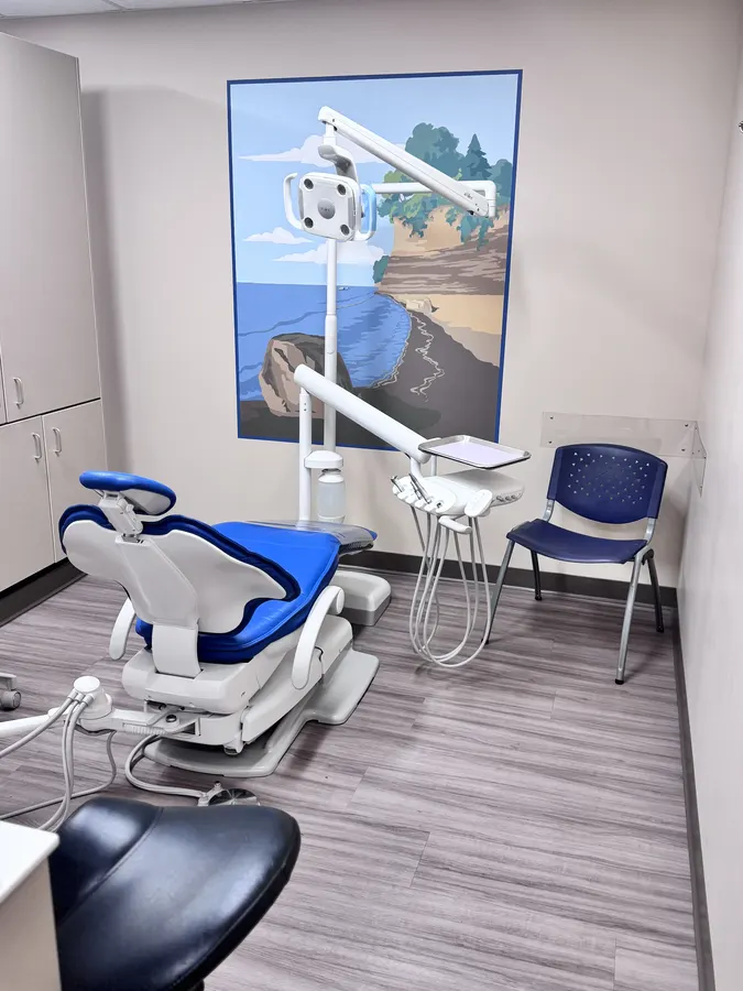 A treatment room with a mural of lake bluffs over the beach