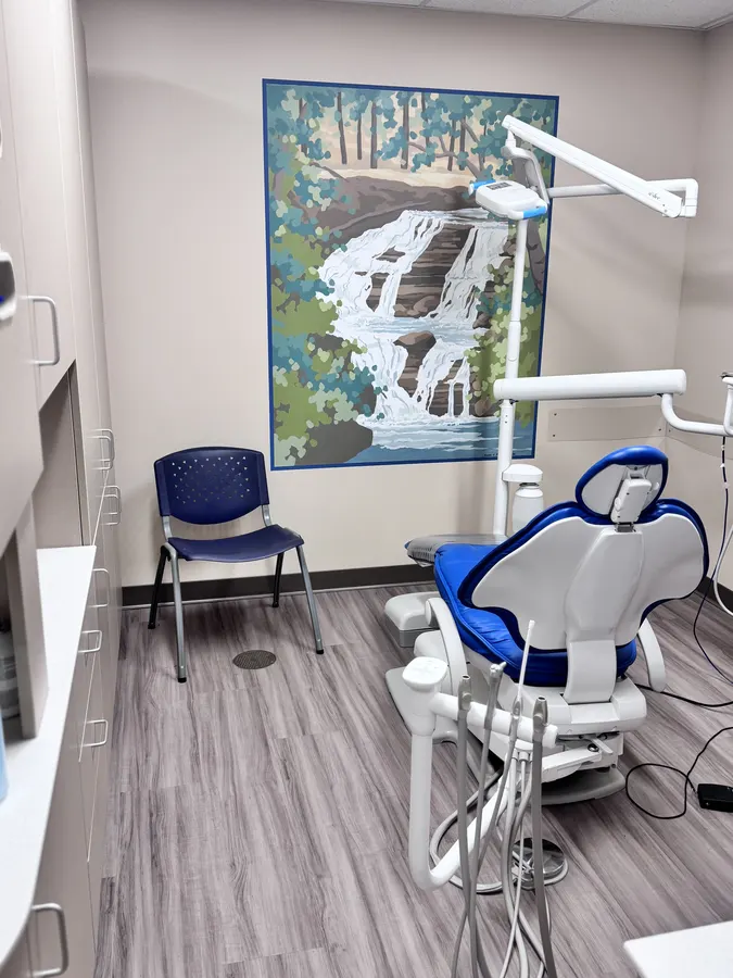 A treatment room with a mural of a waterfall in the forest